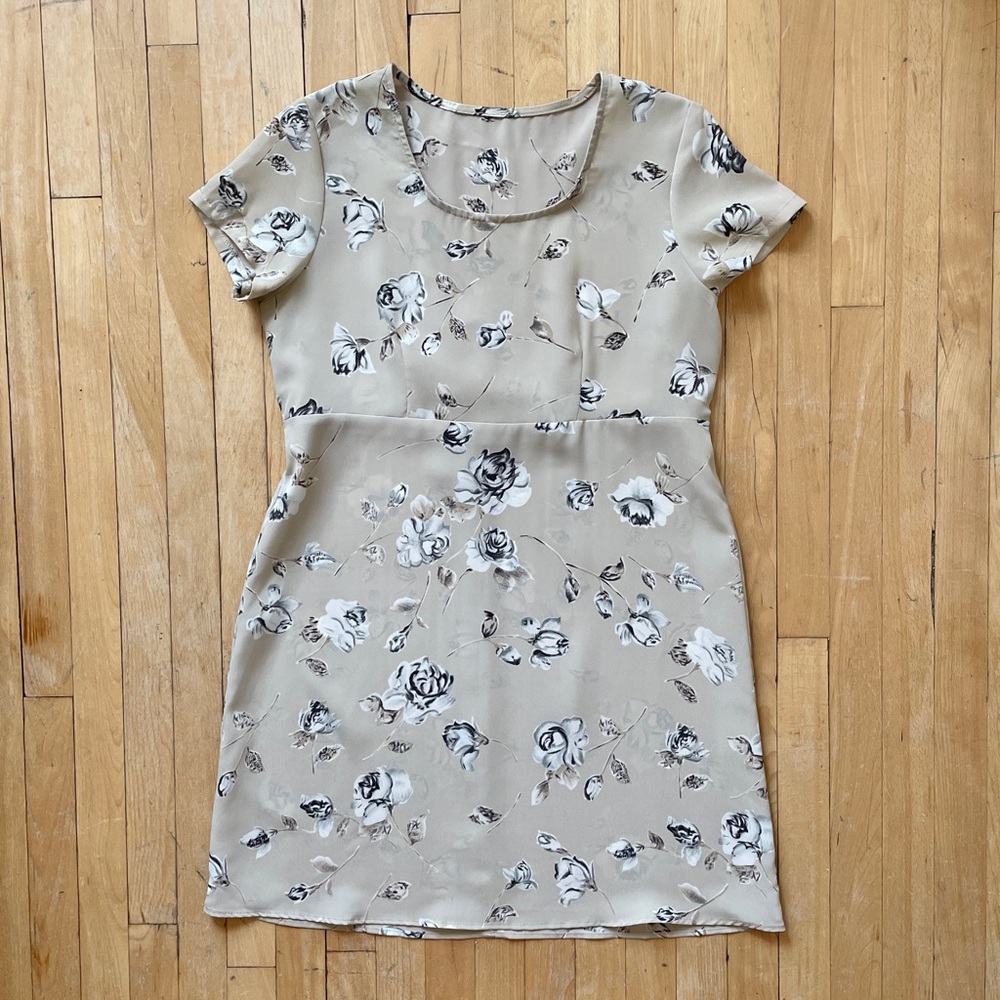 Vintage 90s Soft Grunge Sepia Tie-Back Short Sleeve Floral Mini Dress Medium
